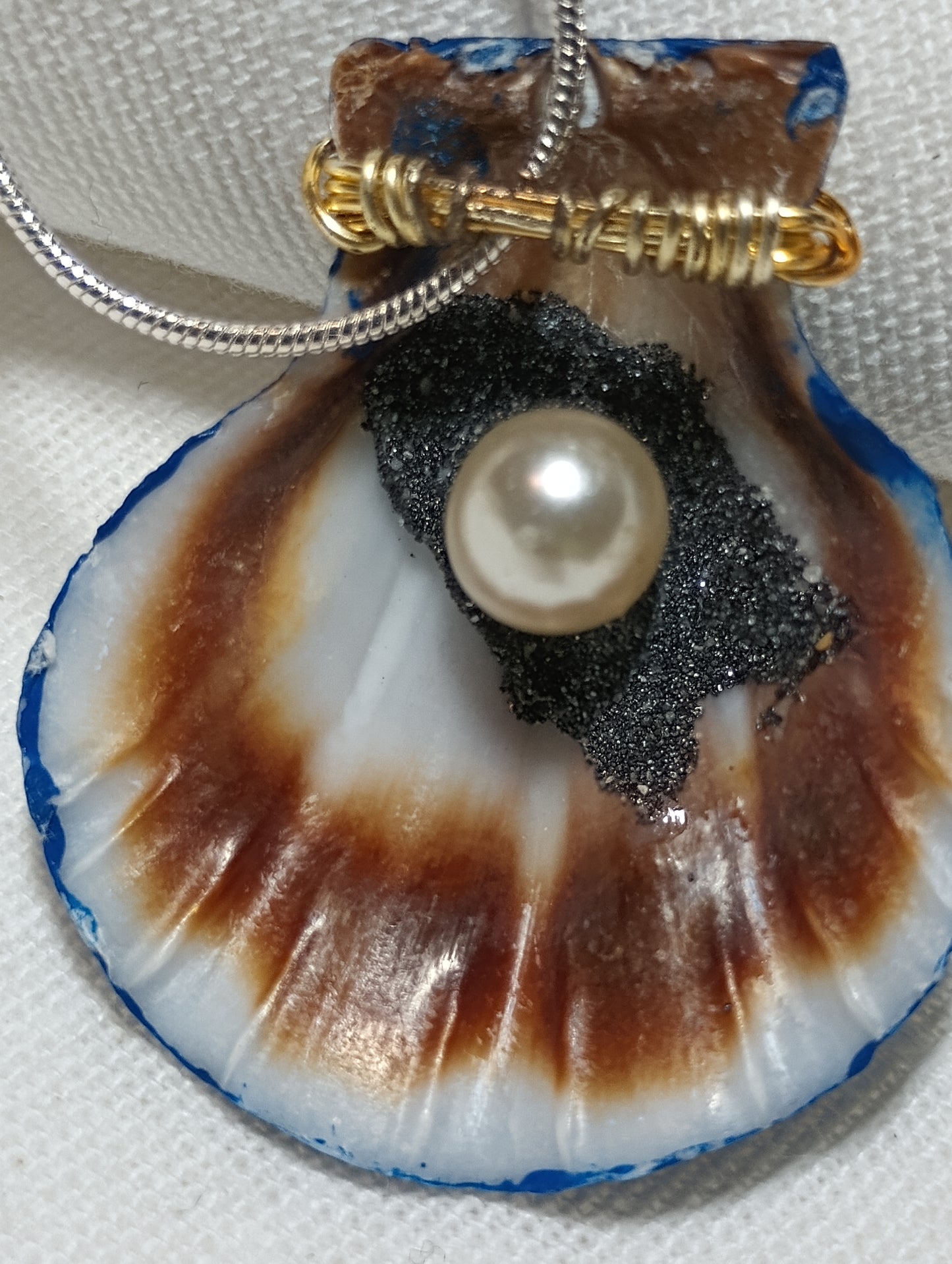 Painted Shell Pendant - Shell with Rose Charm - Sand and Pearl Inside