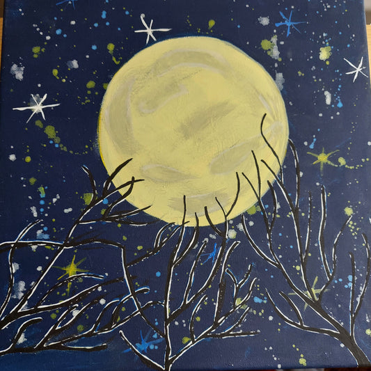 Moon Over Trees Acrylic Painting, Original Art, 12 X 12 Inch Square